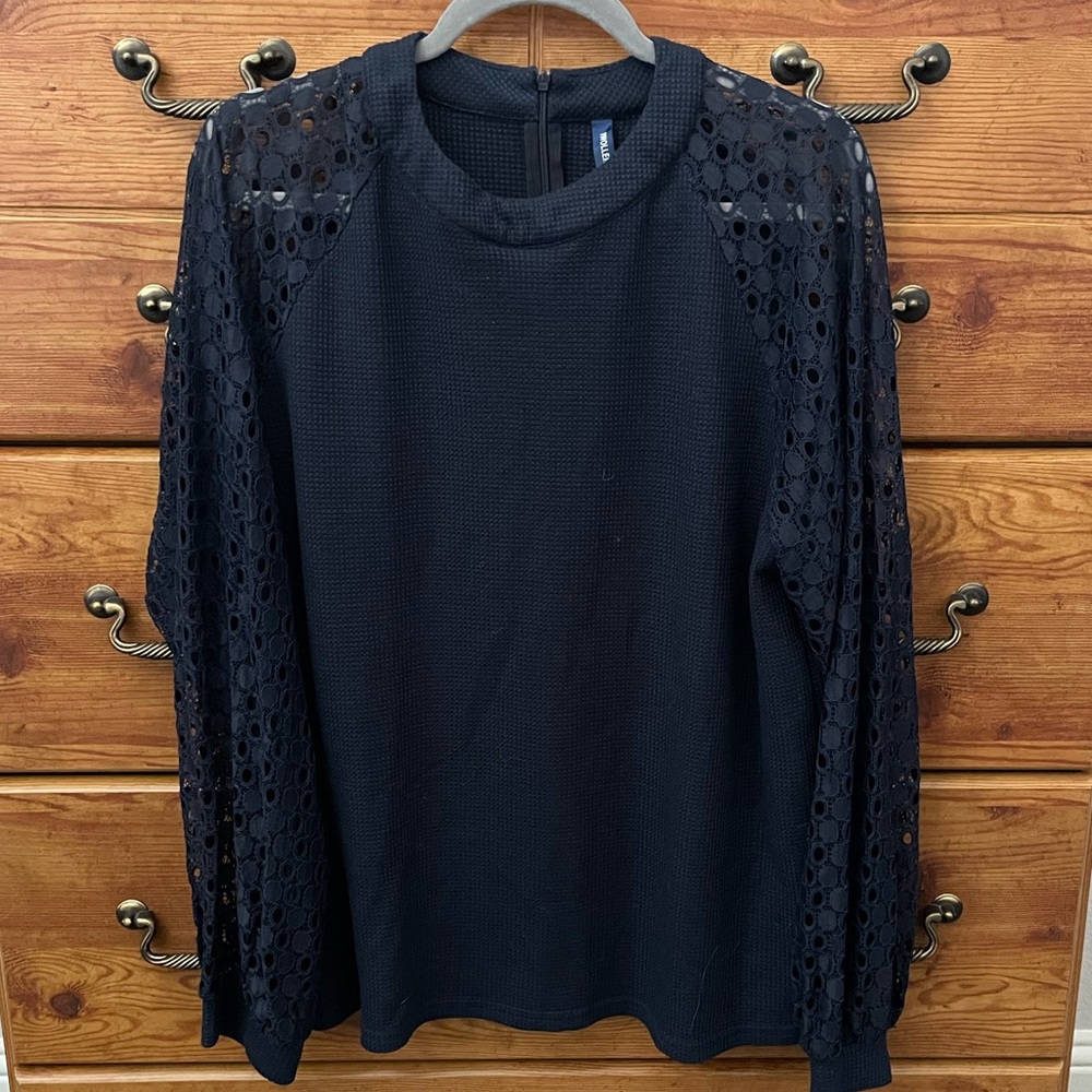 Navy eyelet sleeve sweater